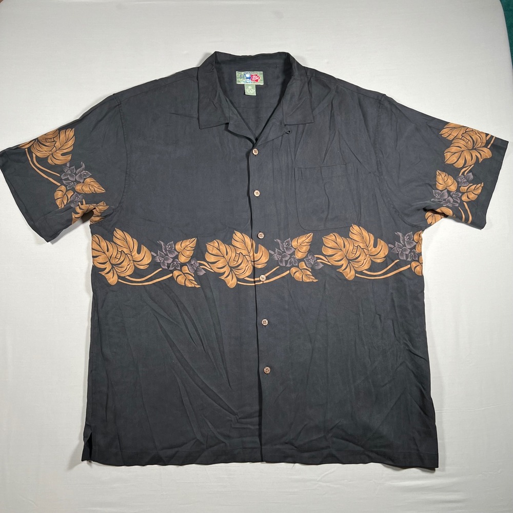 Hilo Hattie Mens 2XL Black Silk Hawaiian Shirt Floral Border Print Camp Aloha